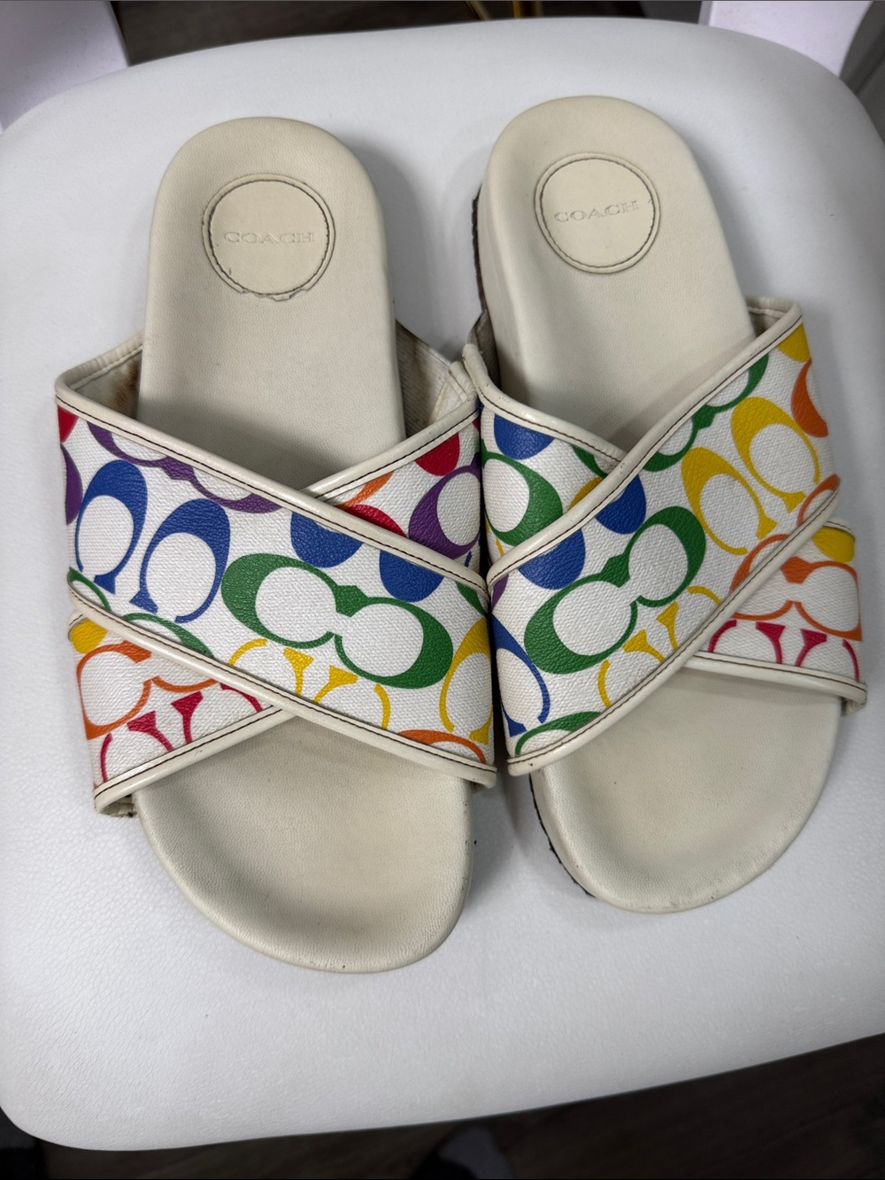 Coach Rainbow Signature Crossband Slide Sandals in White